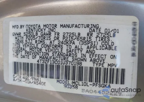 2001 Toyota Sienna Le из США, поврежденный, VIN 4T3ZF13C01U370198